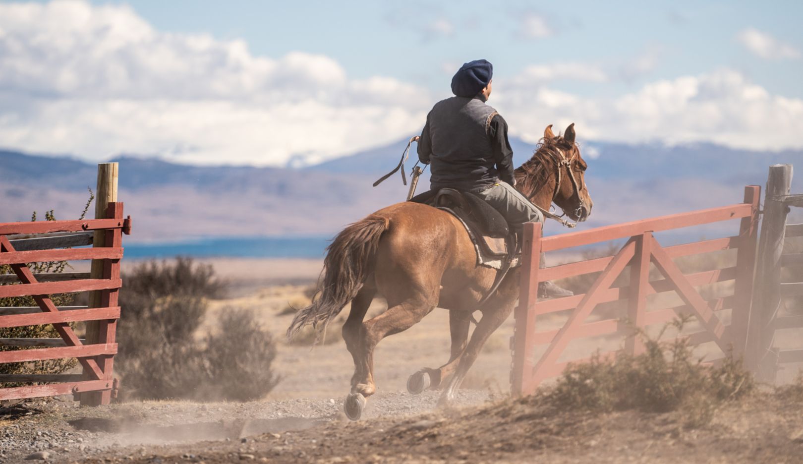 現代とは思えない光景：セロ・グイド牧場のガウチョが一人、馬にまたがって荒野から現れた。