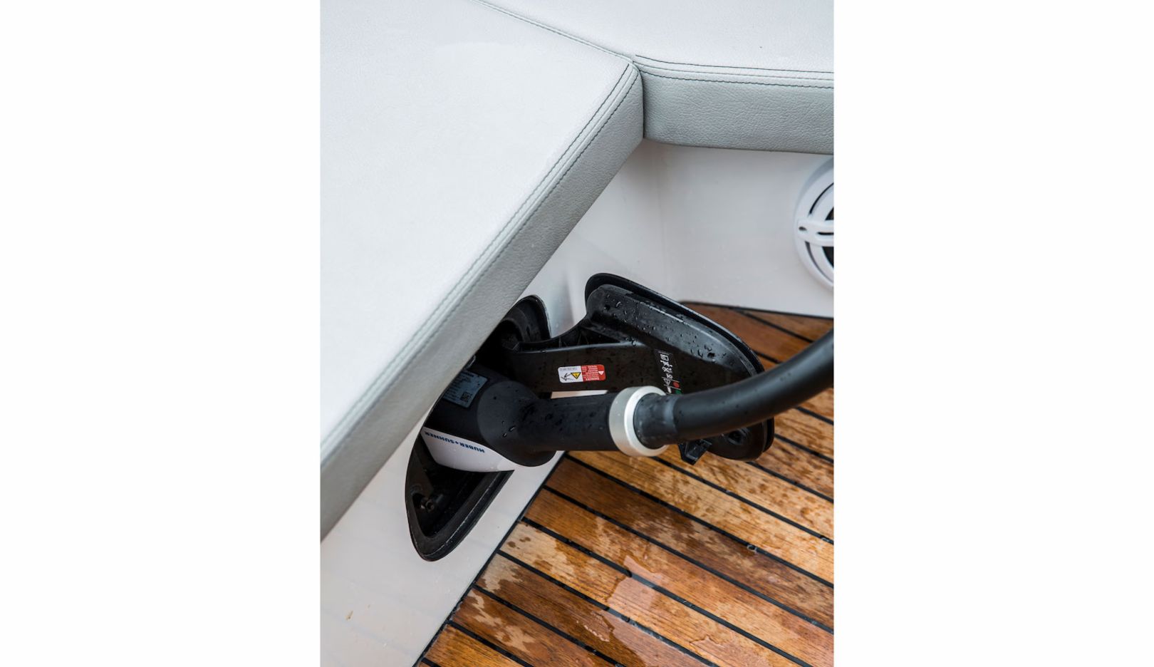 The charging socket is easily accessible on the boat.
