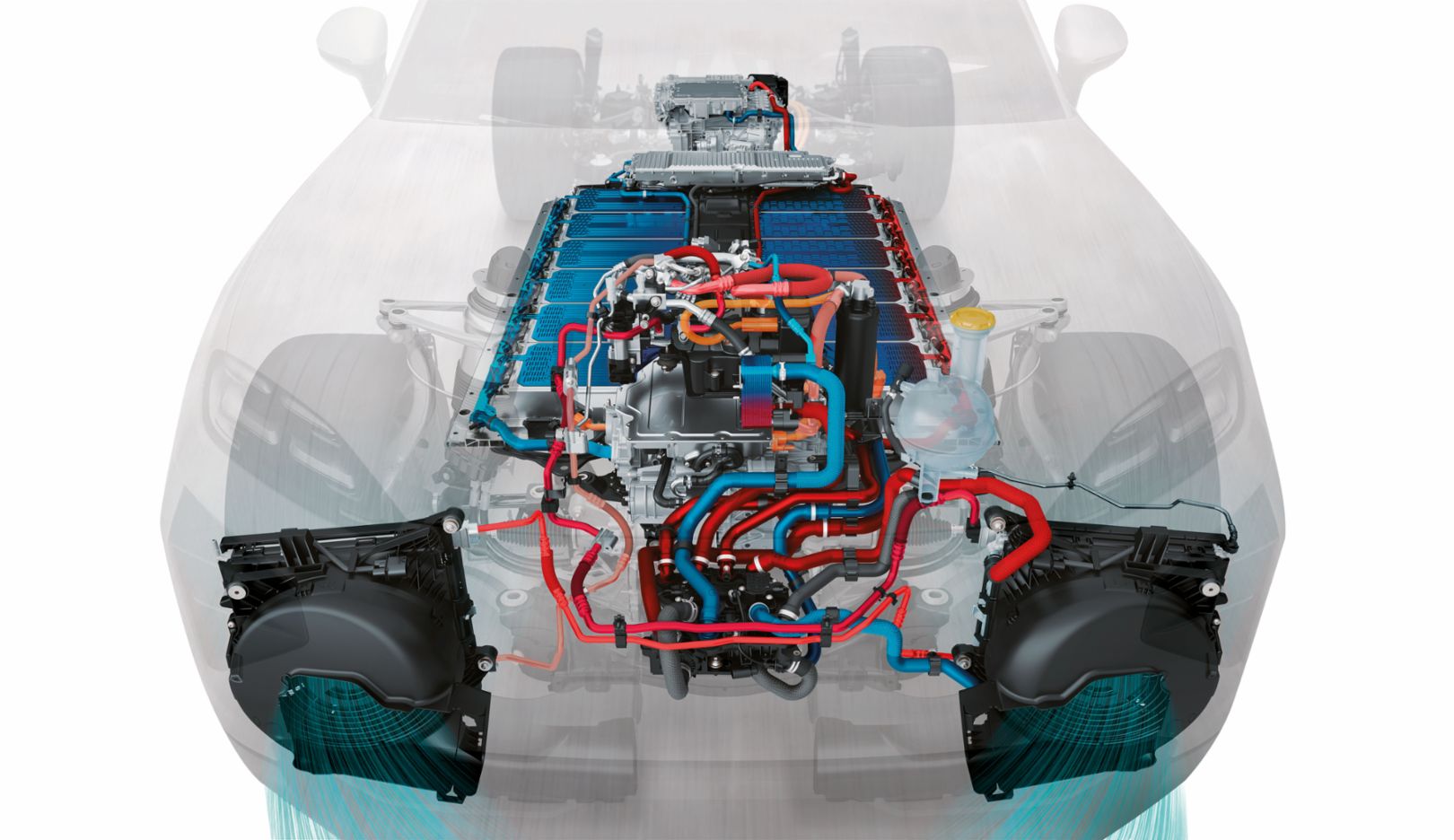 智慧冷卻：六個電池模組中，每一個模組皆配備兩塊冷卻板從上方和下方對電池進行冷卻或加熱，從而更有效地達到最佳溫度區間。冷卻液從乘客側引入，此處的冷卻通 道初始設計為筆直 且平行排列，以確保快速流通。朝向駕駛側方向，通道的佈局發生變化，分岔更為密集。 這使得冷卻液隨著溫度升高，接觸時間得以延長。保時捷藉此實現了整個電池組均勻的溫度分佈。冷卻流程採用具備「安靜充電模式」的壓風式風扇，工作效率遠高於吸風式風扇。