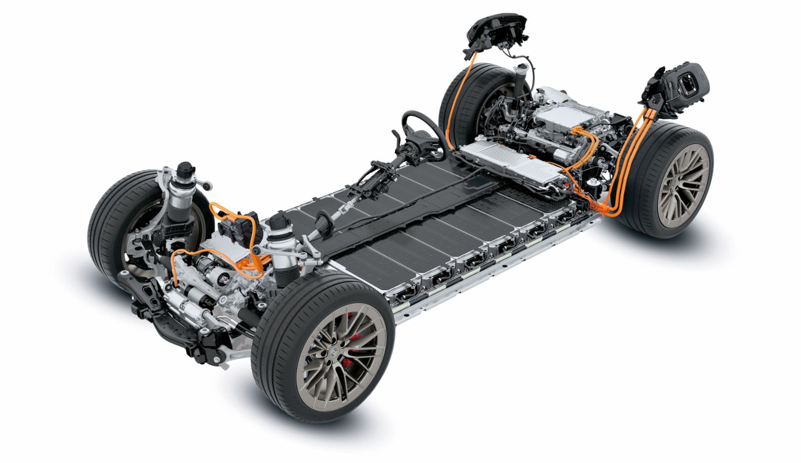 多元駕馭：Cayenne Electric 底盤系統使其極具適應性。標準配備包含具備電子式阻尼調節的 主動氣壓懸吊系統，支援多種車身高度調節。Cayenne Turbo Electric 可選配經進一步研發的保時捷主動車高控制系統底盤，將舒適性與動態表現提升至全新維度，即使在煞車、加速或快速過彎時，也能使車身保持水平，無需傳統的防傾桿。該系統能在所有行駛狀態下優化車輪負荷分配， 實現極致越野循跡性。該系統表現還可由選配的後軸轉向系統進一步升級，能顯著縮短迴轉直徑，同時在高速時提供更出色的行駛穩定性。功能整合的 113 千瓦時高壓電池同樣有助於營造跑車般的駕駛體驗。它採用了功能整合設計，即直接融入車體結構。這尤其能提升車體剛性並降低重心。