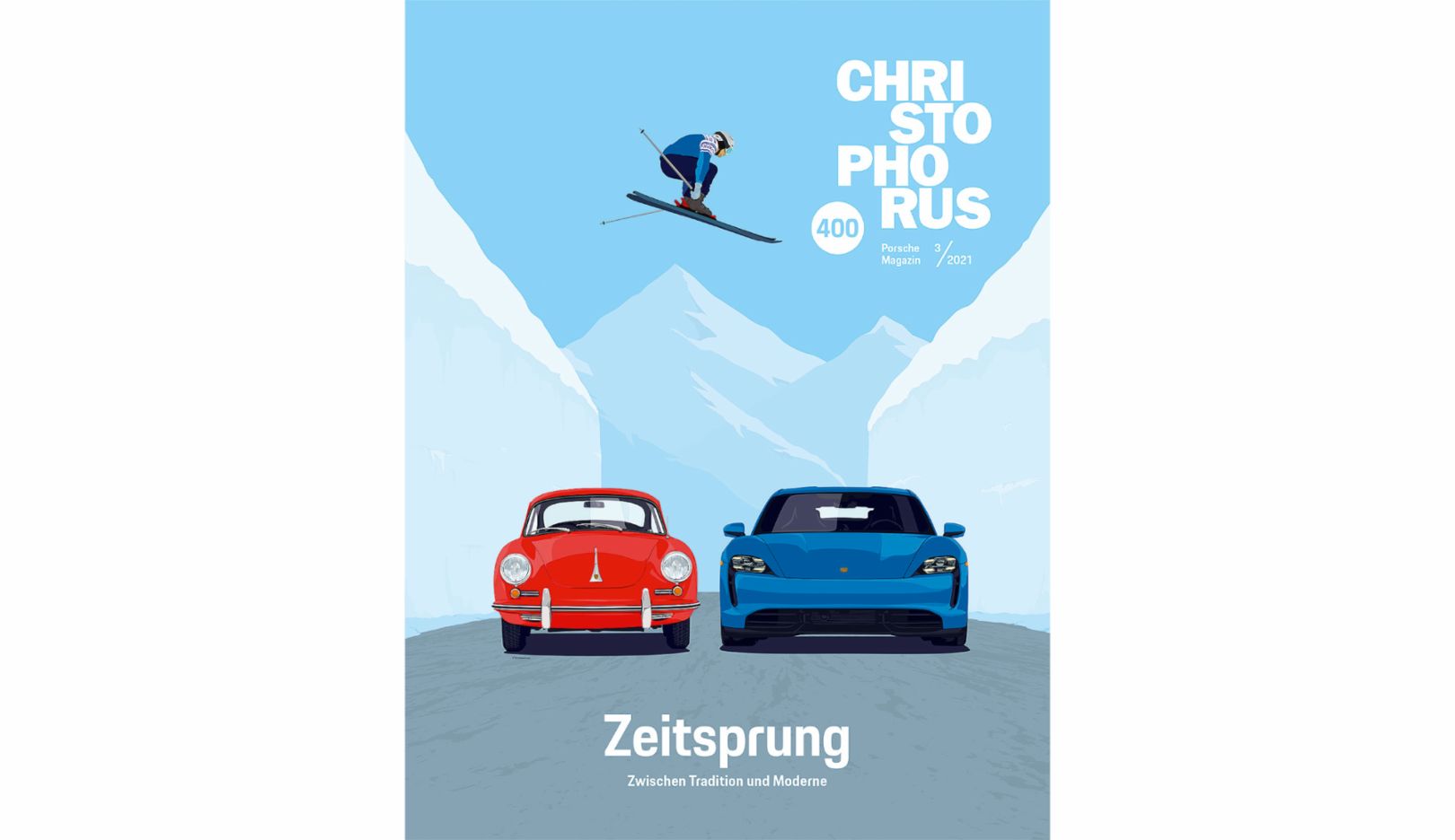 The current cover shows a new interpretation of the iconic ski jump over a Porsche 356 – this time featuring a Porsche Taycan Turbo. In the process of creating the cover image for the anniversary edition, illustrator Jeffrey Docherty experimented and followed a variety of approaches.