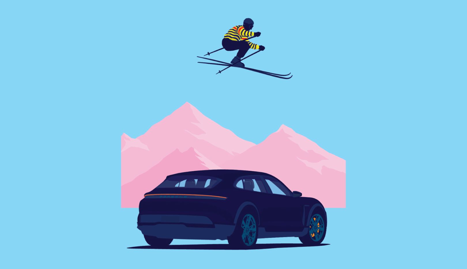 An iconic Porsche moment has to be the ski jump over the Porsche 356 in 1960. In the new interpretation for the cover, the Taycan 4 Cross Turismo was the obvious choice to replace the 356. “The yellow striped top on the skier is a subtle nod back to the cover of issue number 1,” Jeffrey Docherty explains this detail.