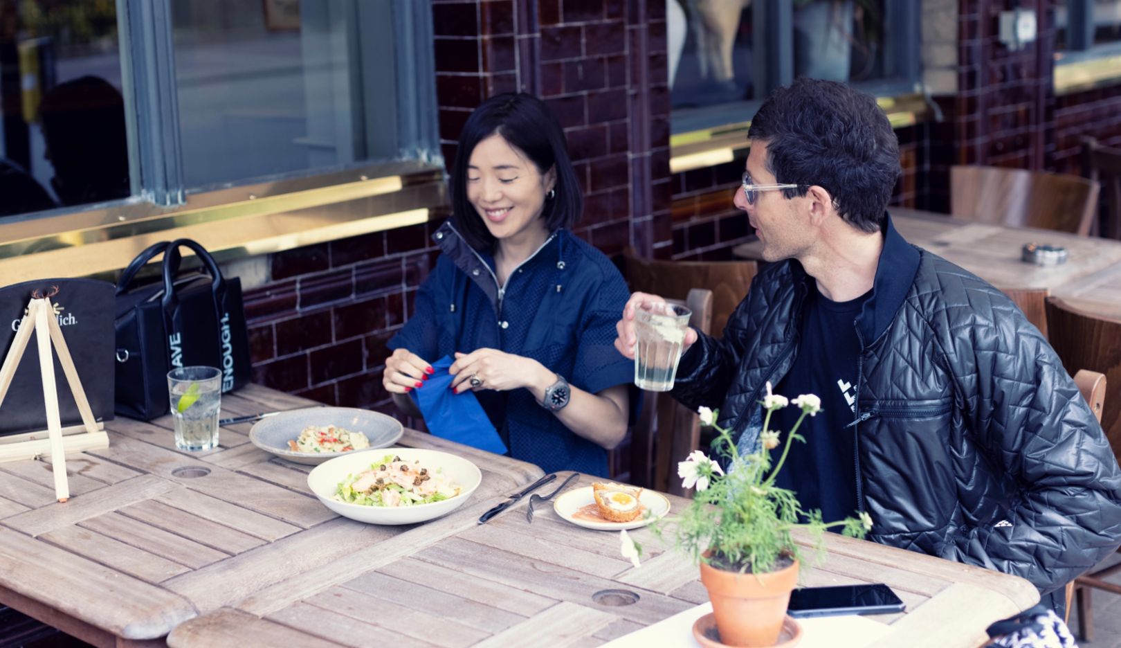 Power couple: Mai Ikuzawa and her husband Camille Jaccoux enjoy lunch at the Prince Albert pub. Jaccoux was a member of the French World Cup ski team and a James Bond stunt double before launching his own ski brand.