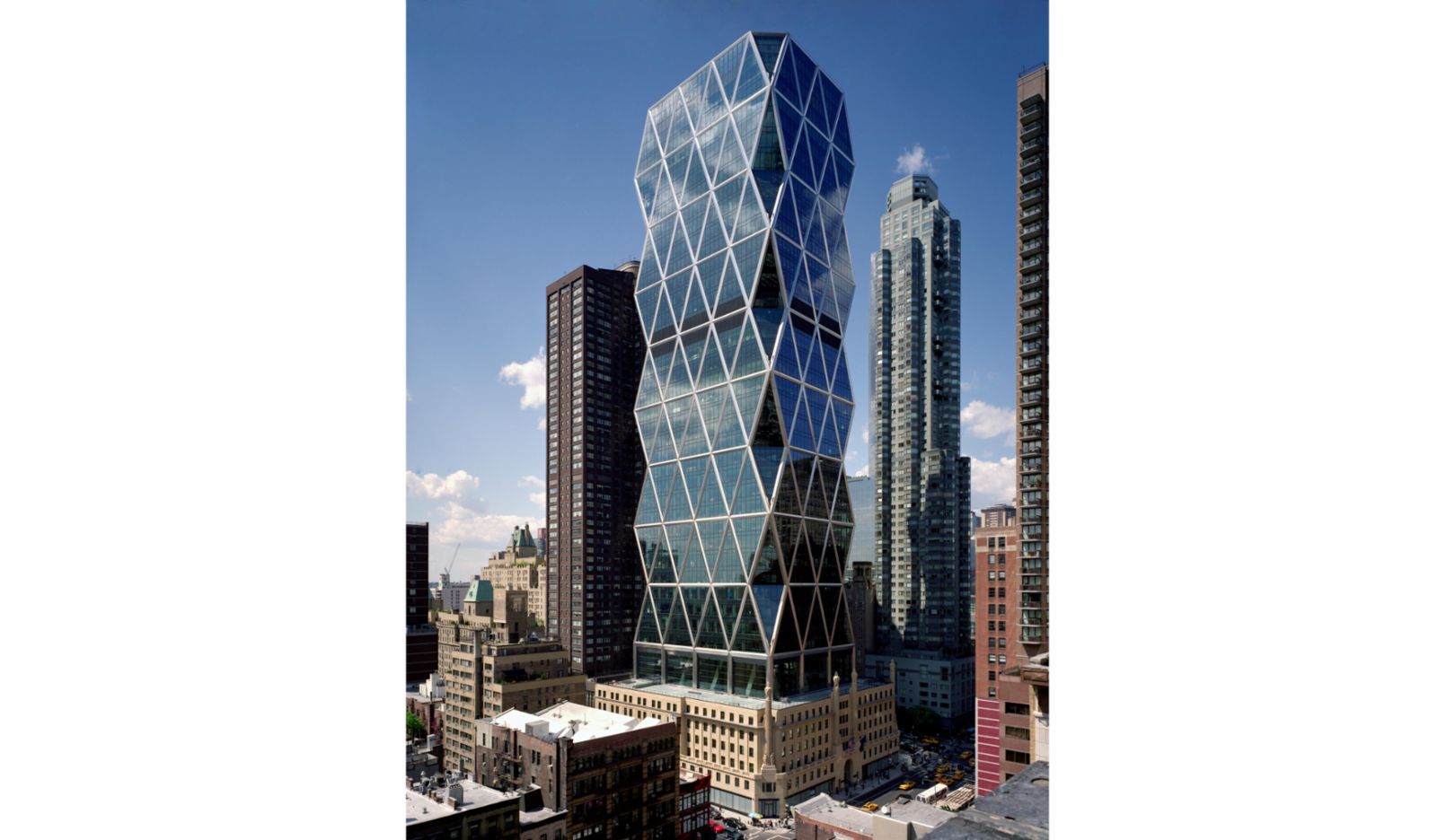 Hearst Tower, south of New York's Central Park, is a model of sustainability.  85 percent of its steel was recycled, and its HVAC system uses 25 percent less energy than traditional office buildings of a similar size. Photo: Chuck Choi / Foster + Partners