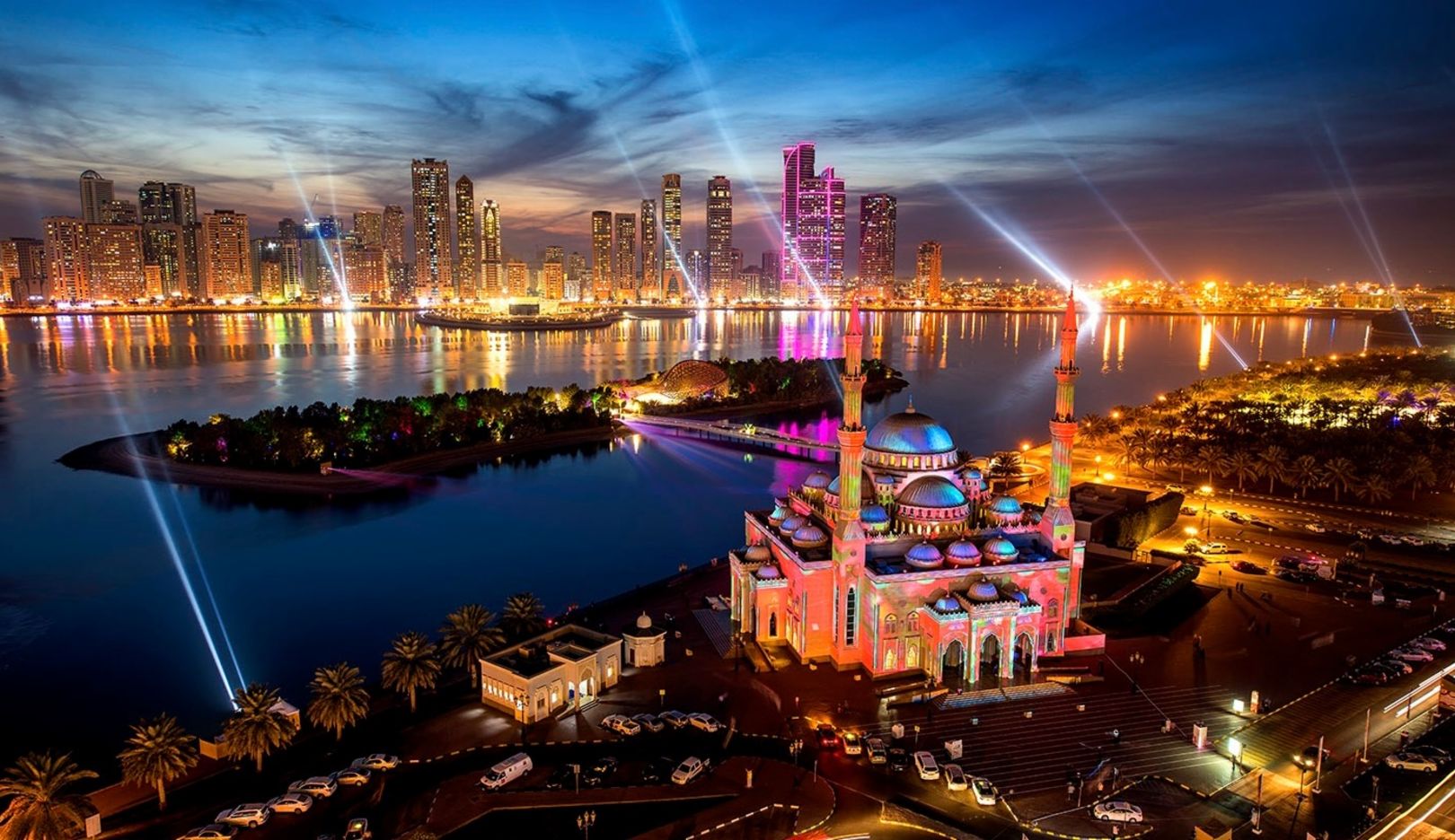 The Emirate of Sharjah to the north of Dubai also has an impressive skyline with sparkling lights.