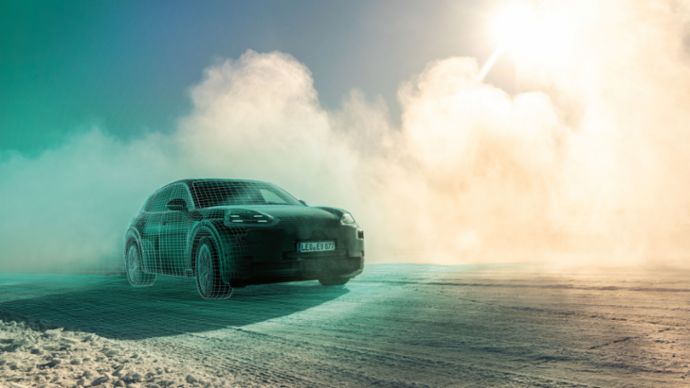 Ein schwarzer Porsche Cayenne ist in einer verschneiten Umgebung zu sehen, mit digitalen Gitterlinien und aufsteigendem Rauch von den Reifen.