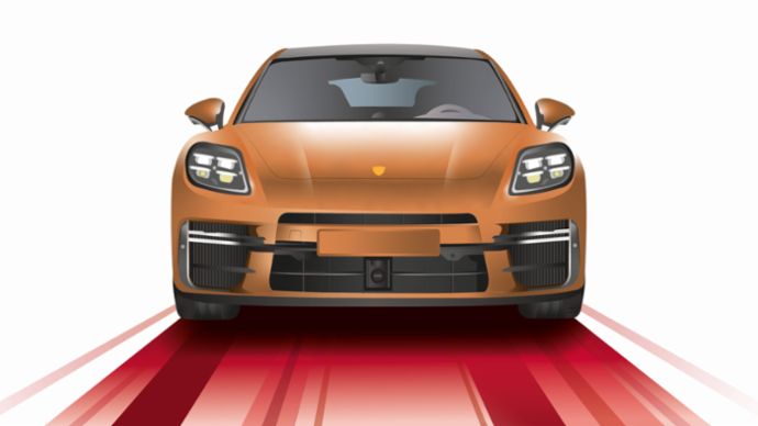 Illustration of a Porsche driving on a straight line with streaks of red light behind it.
