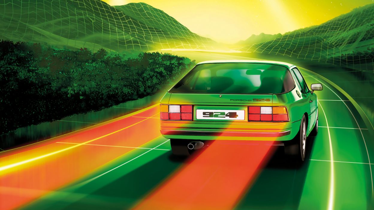 A Porsche 924 drives at night through a digital, neon-lit landscape inspired by the 80s.