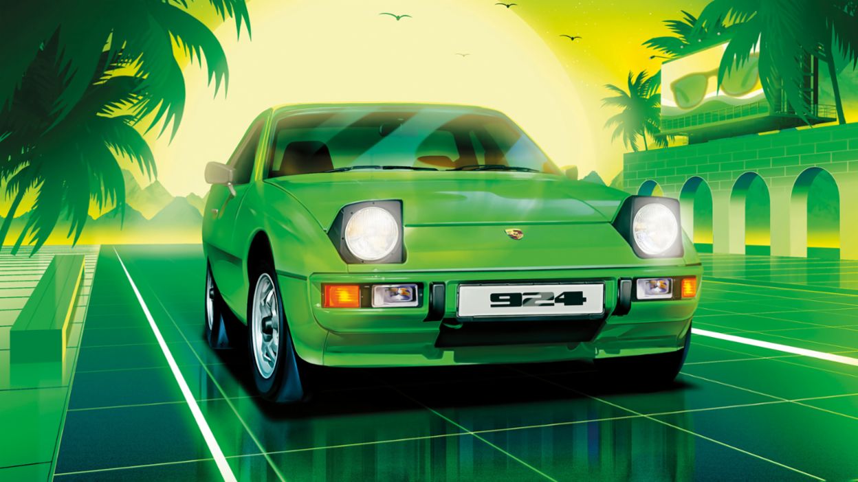 A nostalgic, neon-colored portrayal of a green Porsche 924 against a tropical landscape with palm trees and a green sunset.